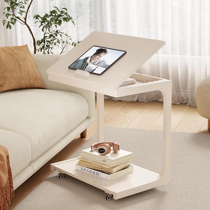AQIMUELE Wooden C-Shaped End Table,Couch Table with Adjustable Desktop,Small Rolling Side Table with 2 Lockable Wheels 23.6" Width,Small End Table for Couch, Living Room,Bedroom (White) by AQIMUELE