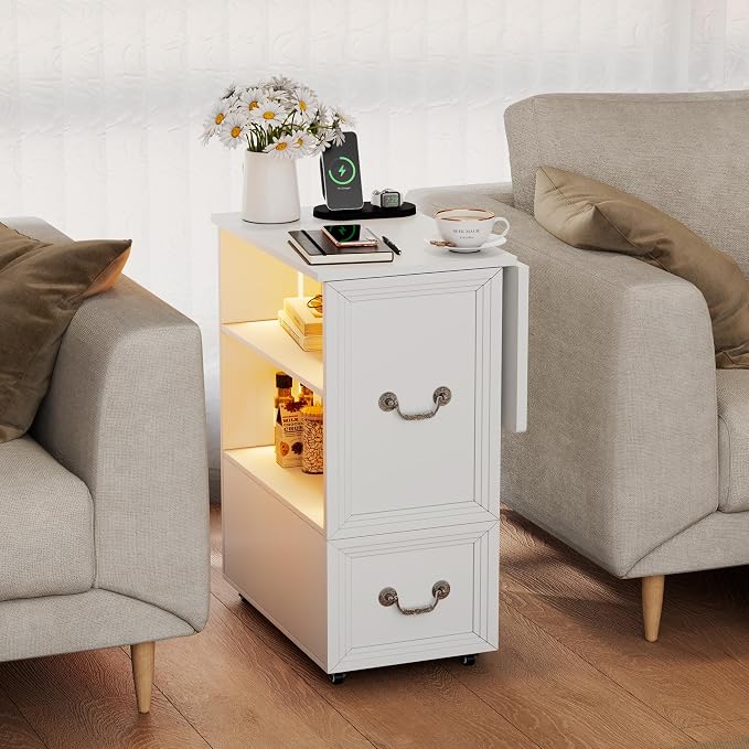 Dystler Rolling Side Table Set of 2 on Wheels, with Charging & LED Lights - Image 3