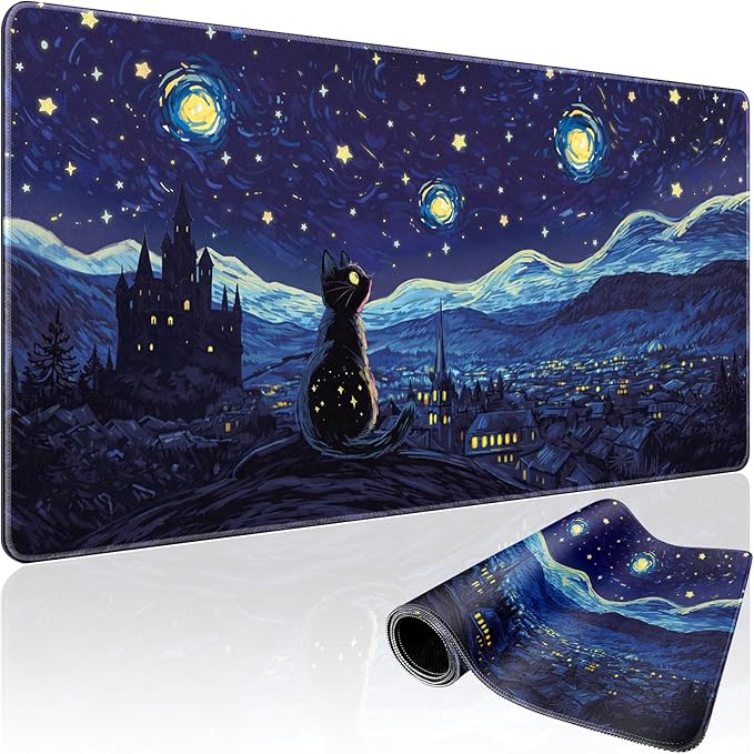 Starry Night Cat Large Gaming Mouse Pad Desk Mat 31.5"x15.7" | Extended Mousepad, Non-Slip Rubber Base , Stitched Edges, for Computer/Laptop/Office/Home by Mcapirivo