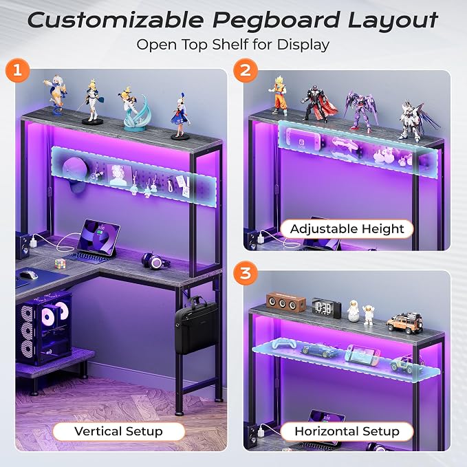 PRAISUN L Shaped Gaming Desk with LED Lights & Power Outlets | Reversible Computer Desk with Storage Shelves & Bag, Large Corner Home Office Desk with Pegboard for Work from Home, Grey - Image 8