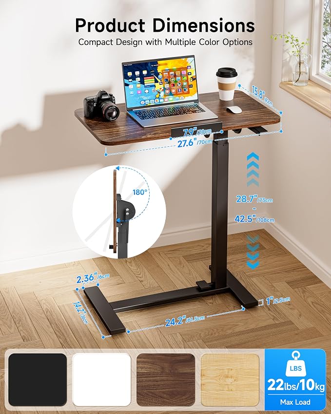 BIZUM Mobile Standing Desk Laptop Desk Pneumatic with Wheels 180° Tilt Top Hospital Bed Table Portable Rolling Cart Foldable Bedside Table for Hospital&Home Use, Walnut - Image 2