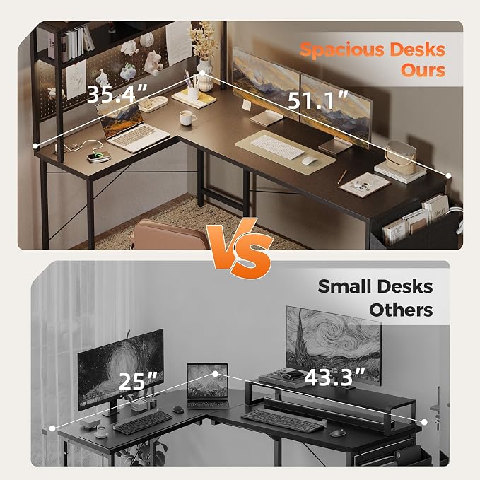 Mericonia 51 in L Shaped Desk with Pegboard, Reversible Corner Gaming Desk | Large Computer Desk with Hutch, Power Outlets, LED Light & Storage Bag, Office Table for Home Bedroom Study Work Writing - Image 8