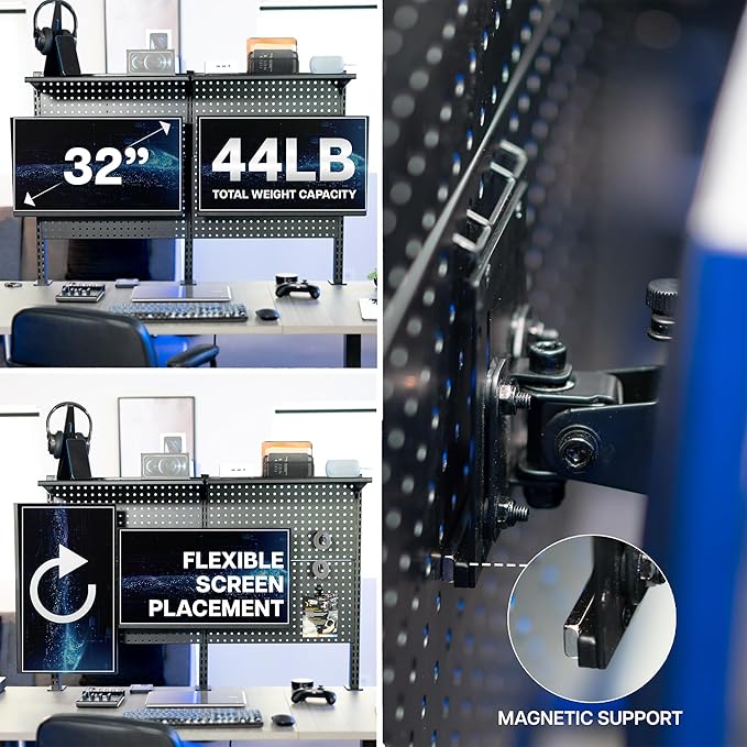 VIVO Steel Triple Clamp 47 x 31 inch Desk Pegboard System with 2 Monitor Mounts and Storage Shelf, Fits up to 32 inch Screens, Office Accessory Organizer, Black, PP-DK48SB - Image 4