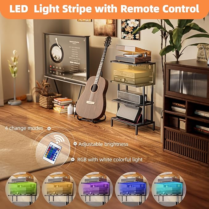 Aquzee Game Console Shelf, 4-Tier Video Gaming Consoles Stand with Outlet & RGB Light, Small Media Entertainment Center for Audio Stereo Storage Organizer Playroom Furniture, Stereo Stands and Racks - Image 4