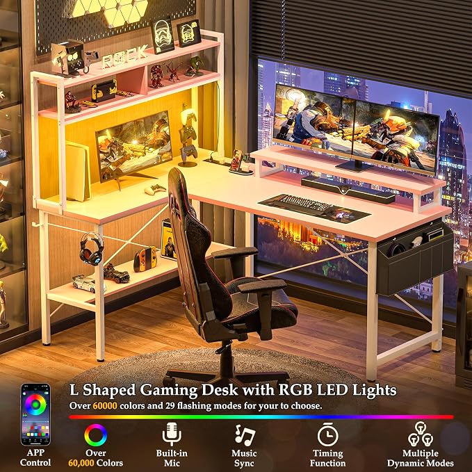 Aheaplus L Shaped Gaming Desk with Power Outlets & LED Lights, Pink - Image 5
