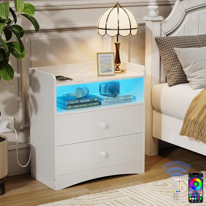 Memobarco Nightstand with Charging Station and LED Light, White by MEMOBARCO