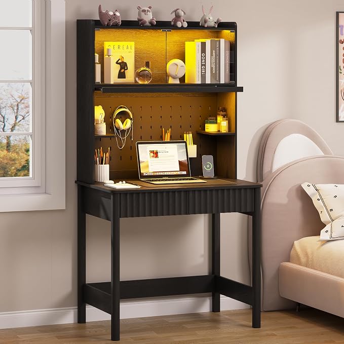 Lvifur 31.5" LED Study Desk with Hutch,Outlets,Reading Lights | Computer Desk with Charging Station,2 Drawer,Compact Writing Desks,Home Office Desks for Bedroom,Black - Image 8