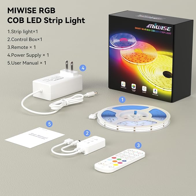 MIWISE RGB COB LED Strip Light 9.84ft/3m,Color Changing Dimmable Strip Light DC24V,Compatible with Alexa/Google Assistant/Tuya Multicolor Flexible Tape Light,for TV,Bedroom,Party DIY Decoration - Image 8