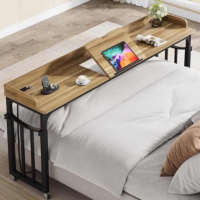 71 in Queen Size Overbed Table with Wheels, Light Brown by Condemo