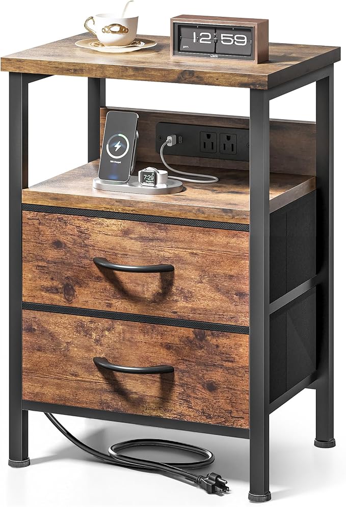 Lazzanto Night Stand with Charger Station for Bedroom, Brown Nightstand by Lazzanto