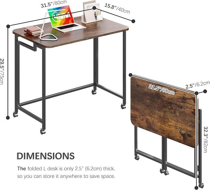 4NM 31.5" Mobile Small Rolling Computer Desk, Folding Laptop Cart Table with Wheels, Portable Office Desk for Small Space Couch Bed - Rustic Brown and Black - Image 3