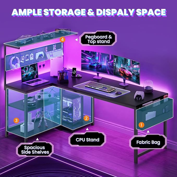55in L Shaped Gaming Desk with Pegboard & Shelf & Storage Bag, Black | LED Light, Power Outlet, Reversible Gaming Table, Escritorio Gamer, Corner Computer Desk for Small Space Storage, Home Office - Image 6