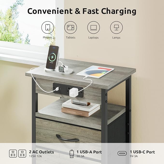 Lazzanto Night Stand with Charger Station, 2 Fabric Drawers, Grey - Image 5