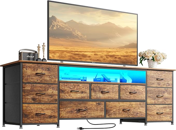 Huuger 63 Inch TV Stand for 65, 70 Inch TV, 11 Drawer Long Dresser with Power Outlets and LED Lights, Entertainment Center with Storage, Rustic Brown Dresser with PU Leather Surface by Huuger