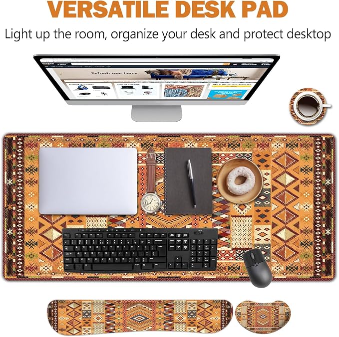 AIMSA Desk Mat Set, Large Mouse Pad + Mouse Wrist Rest + Keyboard Wrist Support + Coaster, Bohemian Style 4in1 Rug Gaming Mouse Pad Combo for Home Office, Orange - Image 3