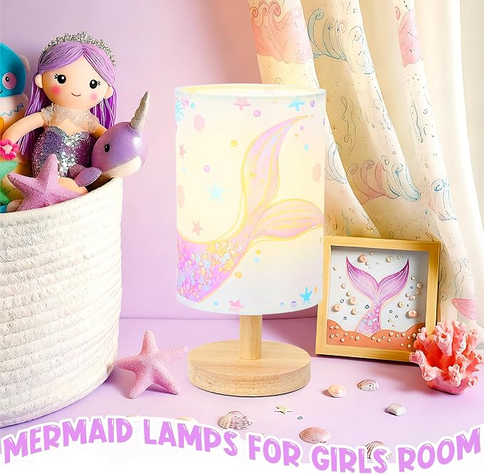Mermaid Table Lamp for Kids Bedroom - Mermaid Tail Pastel Kids Bedside Lamp with Linen Wooden Nightstand Nursery Lampshade for Girls Room Decor - Image 5