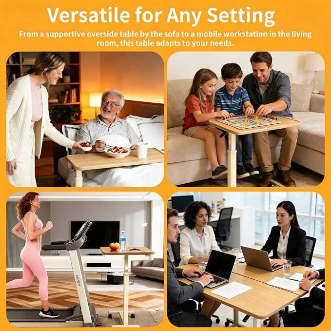 Adjustable Overbed Table with Wheels, Pneumatic Height Lift Rolling Bedside Table, Standing Desk for Home & Office Use, Ideal for Seniors & Limited Mobility(Walnut White) - Image 7