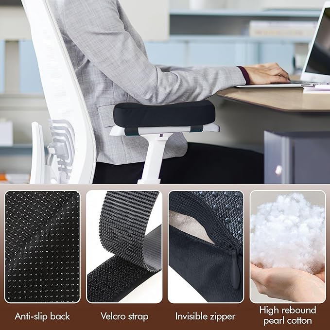 2-Pack Non-Slip Armrest Pads for Office & Gaming Chairs - Ergonomic Forearm Support Pillow for Desk, Computer & Wheelchair, Pressure Relief Cushions (Black) - Image 3
