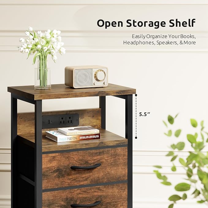 Lazzanto Night Stand with Charger Station for Bedroom, Brown Nightstand - Image 7