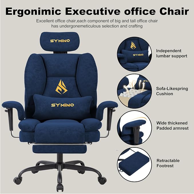 Symino Gaming Chair with Foot Rest, Unique Up/Down Armrests, PU Leather Ergonomic High Back Chair, 150° Recline Solid Color Computer Desk Chair, Blue - Image 4