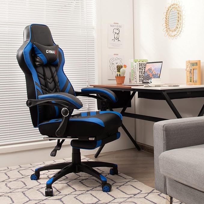 GYMAX Gaming Chair, Ergonomic Computer Chair with Footrest, Linkage Armrests & Lumbar Cushion, Big Wide High Back Video Gaming Chair, Reclining Office Rolling Chair for Adult/Teens (Blue) - Image 9