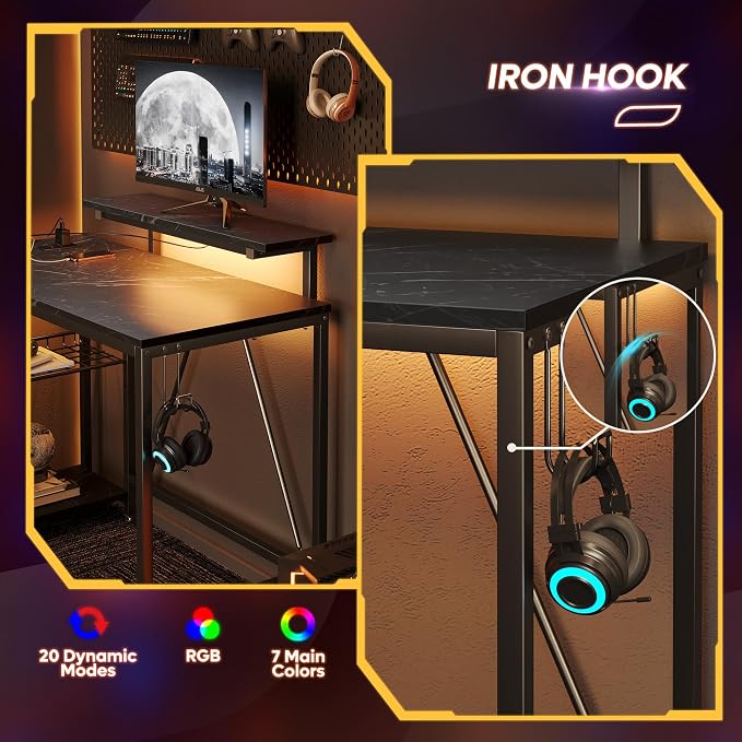 Bestier 42-Inch L-Shaped Gaming Desk with Charging & LED, Marble Black - Image 5