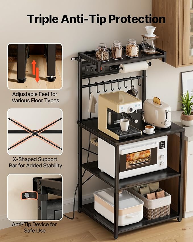 VEVOR Kitchen Bakers Rack with Power Outlets, 23.6 x 15.7 x 55.1 Inch Microwave Stand with Built-in Power Strip & 4.6 Ft Cord, 8 S-Shaped Hooks, for Dish Storage, Spice Jars, Coffee Bar Organization - Image 7