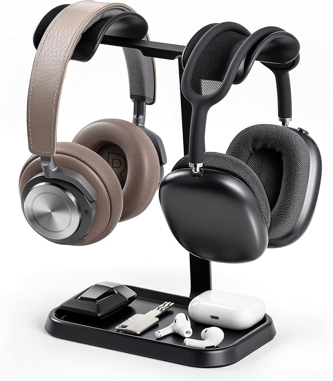 Dual Headphone Stand, Double Balanced Headset Stand with Storage Tray, Heavy Base Gaming Headset Holder for Desk (Black) by QinCoon