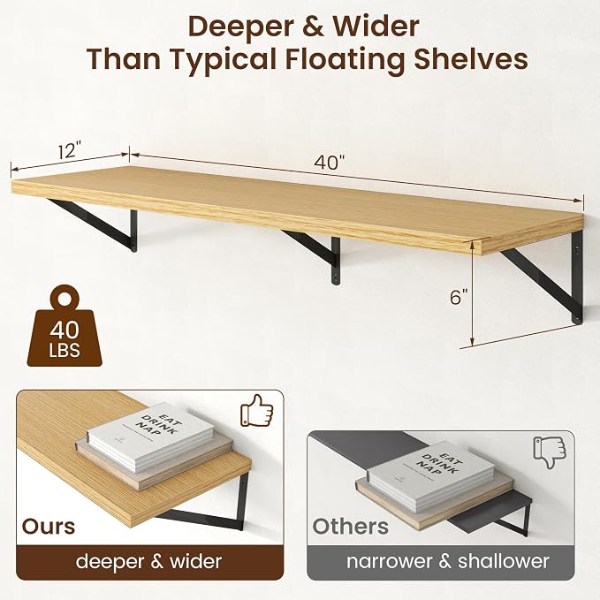 Axeman Deep Floating Shelves - 40 Inch Floating Shelves Set of 2-12 Inch Deep Oak Wall Shelves for Living Room Bathroom Kitchen - Image 3