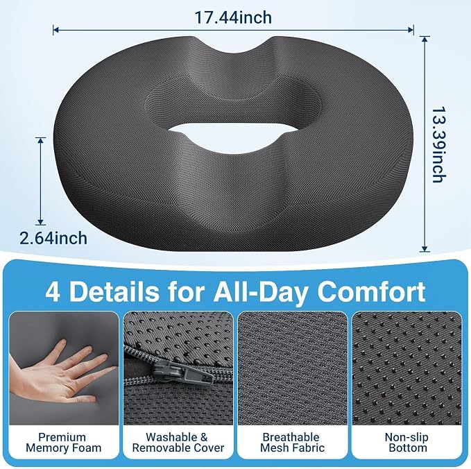 Donut Pillow Seat Cushion, Office Chair Cushion, Gray, Large | Ergonomic Design, Breathable Cover, for Tailbone Pain, Hemorrhoids & Long Sitting Hours, for Home & Office - Image 5