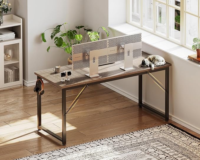 Casaottima 54 Inch Computer Desk for Home Office, Study Writing Table for Small Spaces, Simple Modern Desk with Headphone Hooks, Grey Oak - Image 6