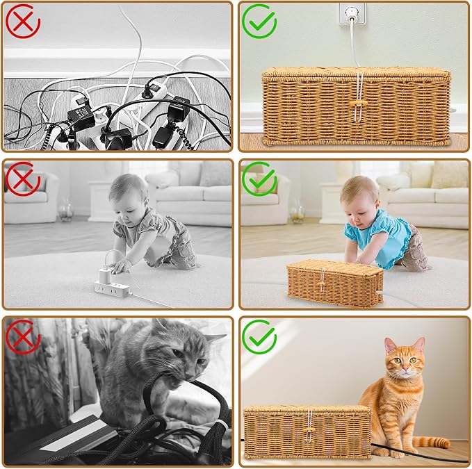 Cable Management Box, Handmade Rattan Cable Organizer Cord Basket - Image 7