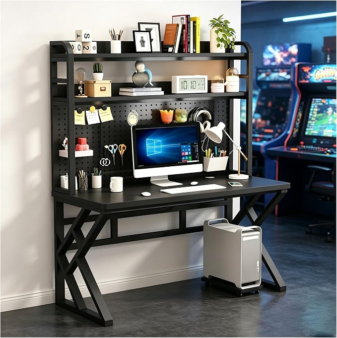 39.3in Gaming Desk with Bookshelf, Pegboard & Storage Shelves | Spacious Sturdy Large Writing Table ，with Desktop Shelves & Ample Leg Room – Ideal Home Office PC Gamer Workstation Desk - Image 9