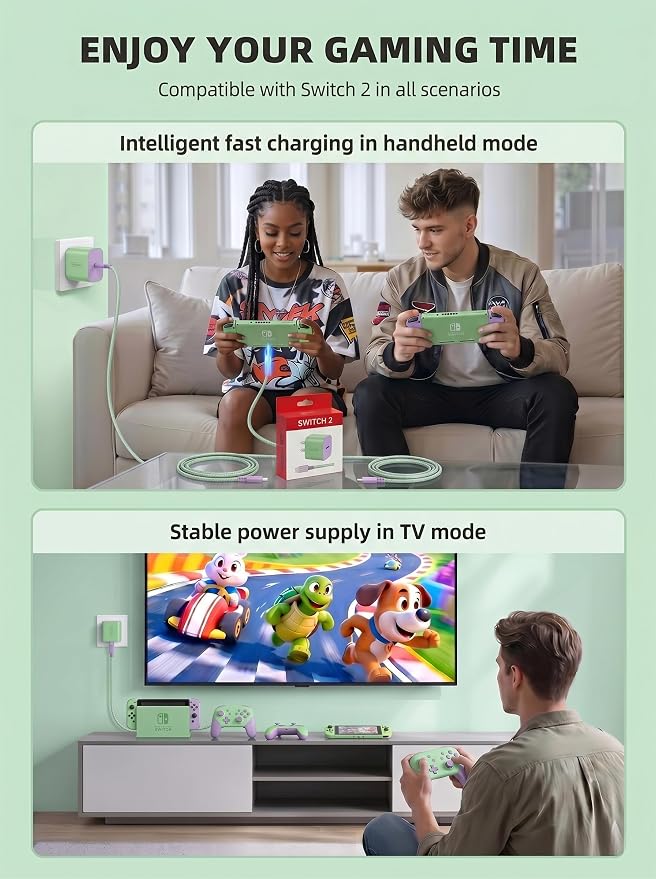 TPC 60W Charger for Nintendo Switch 2, Supports 4K TV Mode, Fast Charging AC Adapter (20V 3A) with 6.6FT Braided USB-C Cable, Compatible with Switch 1/OLED/Lite & Steam Deck (Green & Lavender) - Image 7