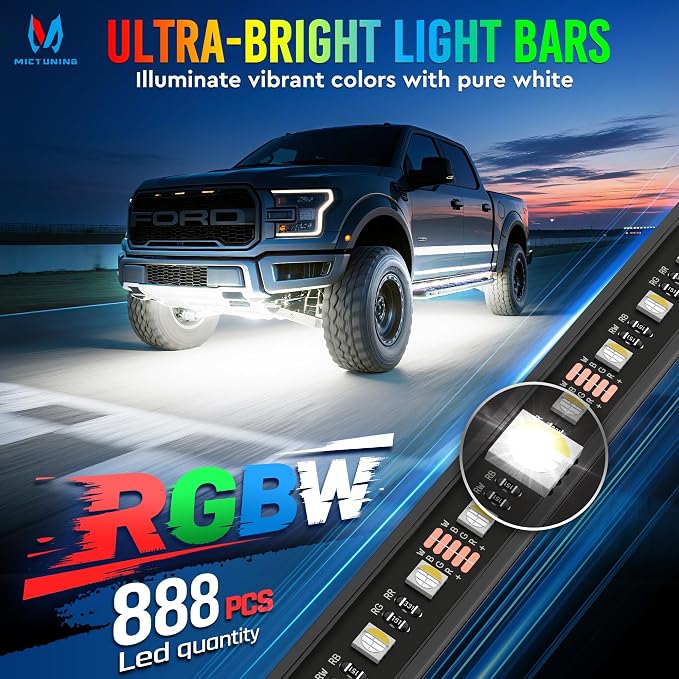MICTUNING U8 RGBW Underglow LED Light Bars (8-Piece Kit) 888 Ultra-Bright LEDs, Dual Remotes, White+RGB Colors, IP68 Waterproof Aluminum Housing – for Cars, Trucks, SUVs, ATVs - Image 2