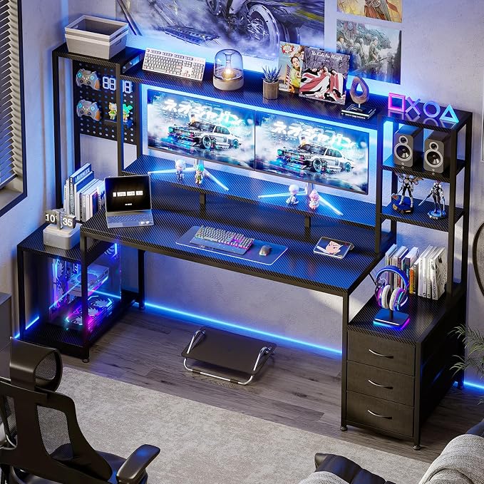 AODK 76 Inch Gaming Desk with Storage Shelves, LED Lights, 3 Drawers | PC Desk with Hutch & Pegboard & Large Desktop, Reversible Computer Desk for Home Office, Carbon Fiber Black - Image 8