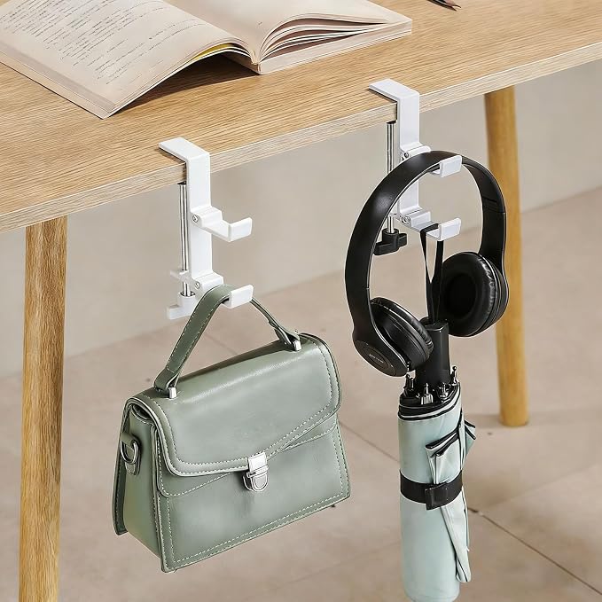 KISOY Modern Table Purse Hook, Under-Desk Accessory Hanger, Black and White Clamp-On Design for Bags, Headphones and Keys (Style4(White-Double-Hook), 2) by KISOY