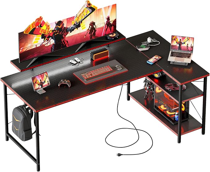 Mericonia 48 in Corner Desk with Monitor Stand, Small L Shaped Gaming Desk | Reversible Computer Desk with Power Outlets, LED Light & Storage Shelves, Office Table for Home Bedroom Study Work Writing by MERICONIA