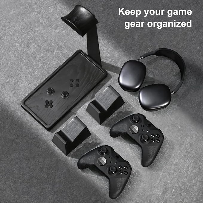 UPERGO Headphone and Headset Stand with Controller Holders Gamer Gifts | Solid Wood, Holds 2 Controllers, Storage Tray for Gaming Room Decor, Compatible with PS5 and Xbox - Image 3