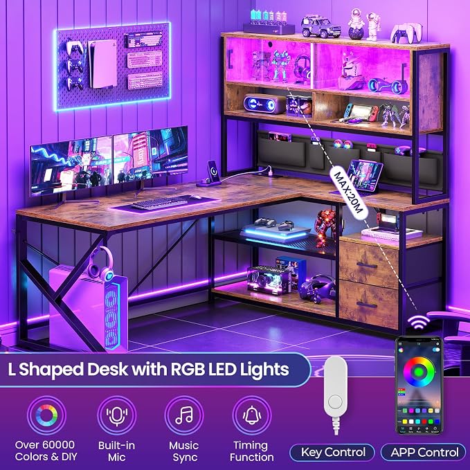SEDETA L Shaped Office Desk with Storage Shelves, 2 Drawer, LED Light - Image 8