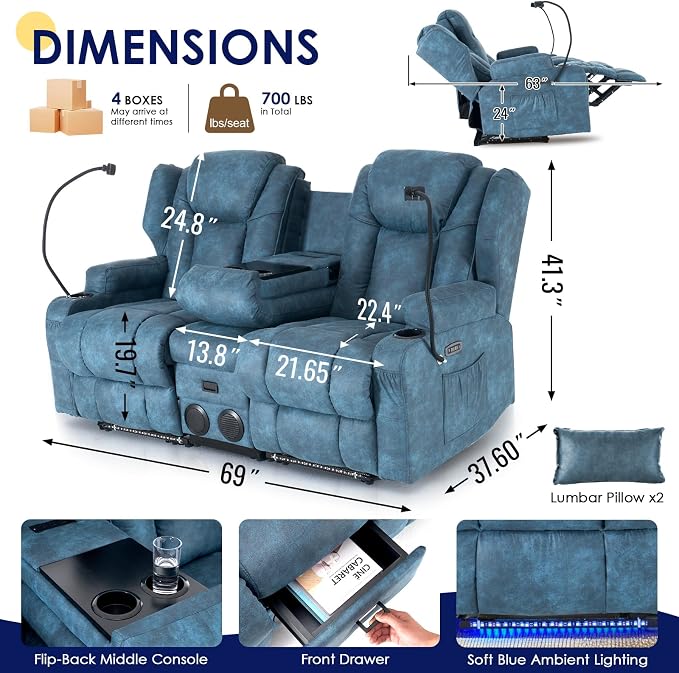 Redlife Power Loveseat Recliner Sofa with Console, Blue LED Lights - Image 3