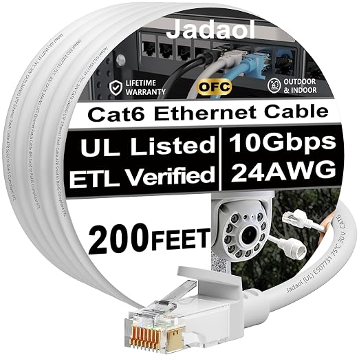 Jadaol [UL Listed Snagless Cat6 Ethernet Cable 150 ft 10Gbps, PoE++, White by Jadaol