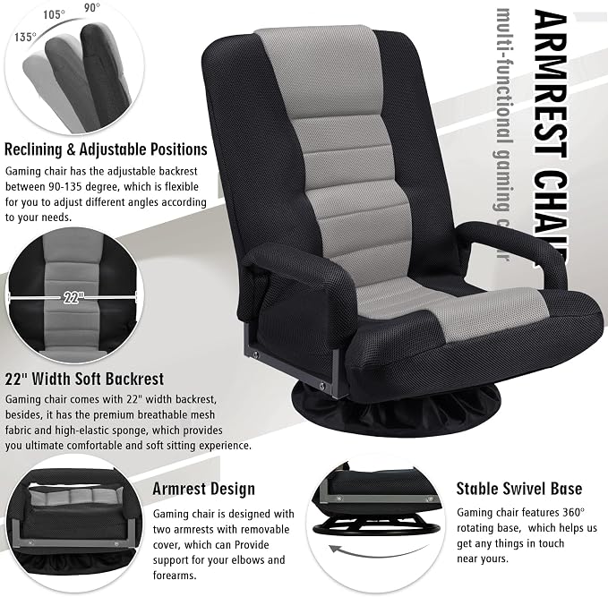 Swivel Floor Gaming Chair w/Armrests,Folding Video Reclining Sofa w/6 Adjustable Position, Padded Backrest & Cushion, Lazy Lounger Couch for E-Sports, Reading, Relaxing, Watching TV, Grey - Image 7