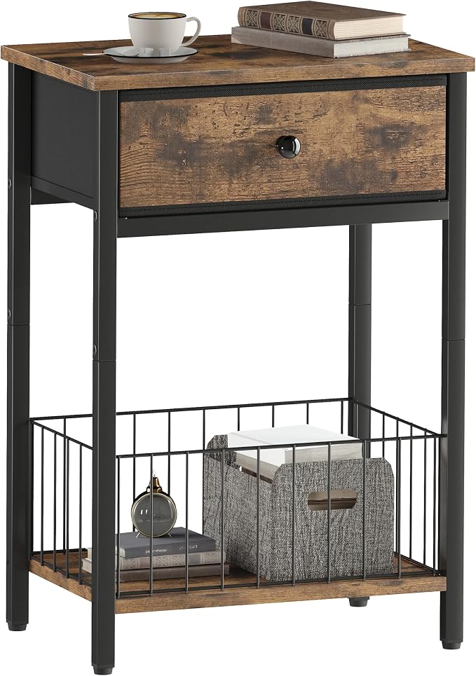 End Tables Bedroom, Night Stand with Drawers, Industrial nightstand, Nightstand with Fabric Bins, Bedside Table End Table for Bedroom, Closet, Entryway, College Dorm, Rustic Brown LNT0061BR - Image 3