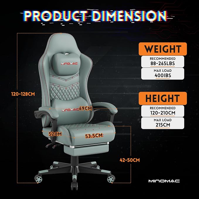 Gaming Chair,Ergonomic Computer Gaming Chair,400lb Load-Bearing,Retractable Footrest/Waist Support/Ergonomic Backrest[Spring + 4D Sponge] (Green) - Image 3