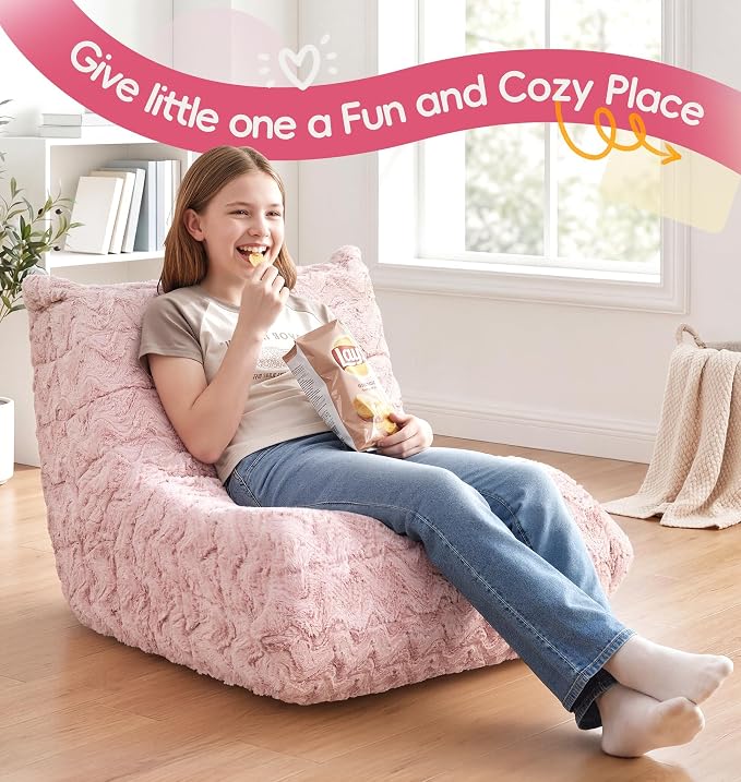 Hobestluk Medium Bean Bag Chairs Lounge Floor Chair BeanBag Couch Togo Sofa | Ergonomic Design,Memory Foam,No Assembly,Faux Fur Fireside Chair Back Support for Reading Classroom | Pink Chevron Medium - Image 9