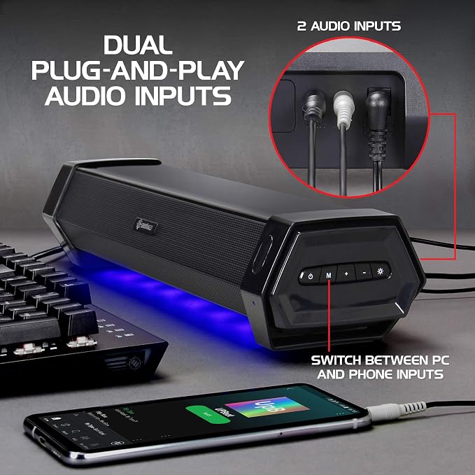 ENHANCE Gaming Attack Sound Bar PC Speaker - Under Monitor Soundbar Computer Speaker with Loud 40W Hi-Fi Audio, 3 LED Color Modes, and Dual Inputs for PC, Laptop, or Phone AUX - Image 4