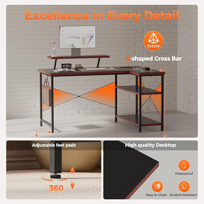 Mericonia 55 in L Shaped Gaming Desk, Large Corner Desk with Monitor Stand | Reversible Computer Desk with Power Outlets, LED Light & Storage Shelves, Office Table for Home Bedroom Study Work Writing - Image 6