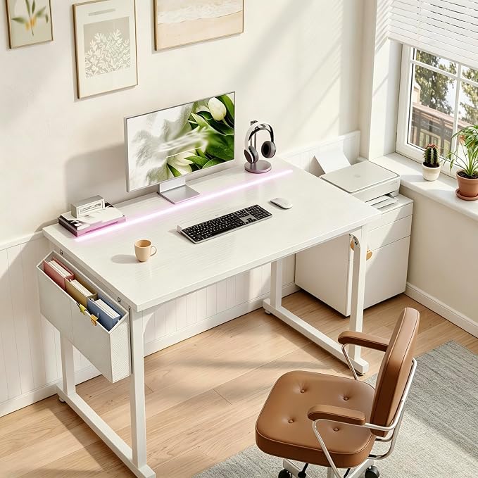 DurayLoly 40" Gaming Desk with Waterproof LED Lights for Bedroom,White - Image 2