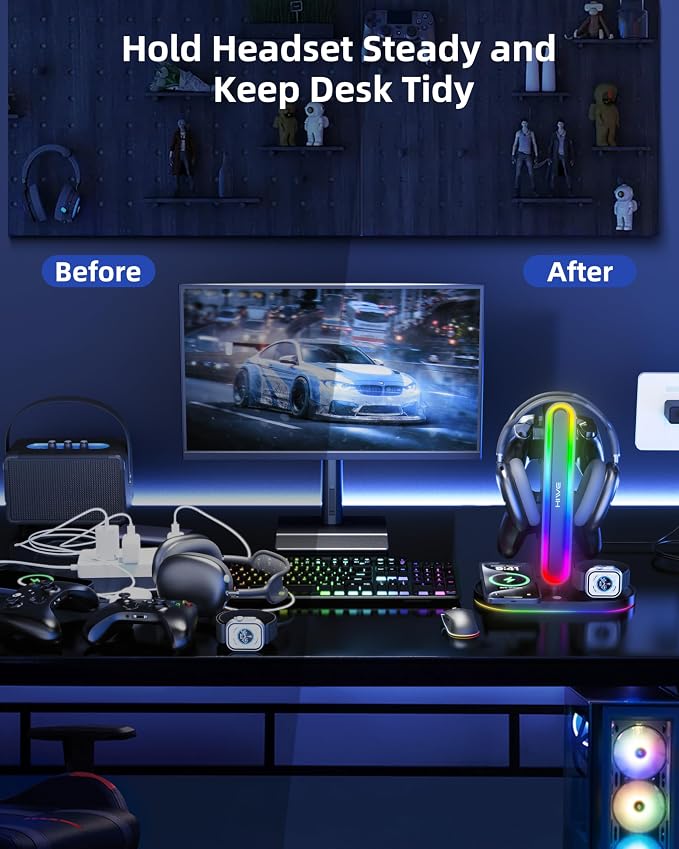 Headphone Stand, Dual Controller Holder, MagSafe Charger for iPhone/iWatch | RGB Gaming Headset Stand for All Headphones, Dual Outputs, ABS Solid Base, Adapter Included, Table Desk Organizer - Image 2
